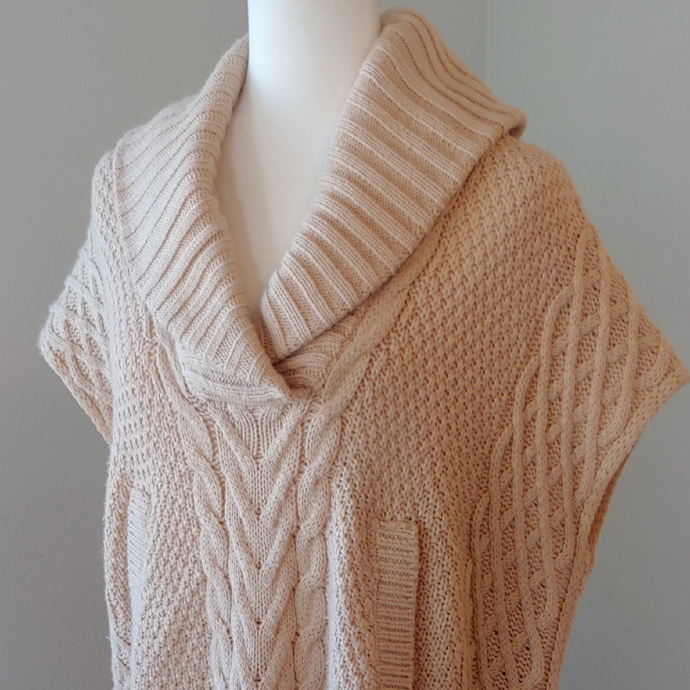 Saks Fifth Ave Wool Blend Cream Cable Knit Cowl Sweater with Side Belts Small - Picture 5 of 16